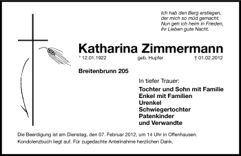 Traueranzeige von Katharina Zimmermann von Hersbrucker Zeitung