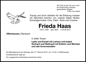 Traueranzeige von Frieda Haas von Hersbrucker Zeitung