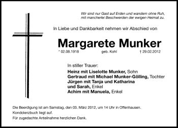 Traueranzeige von Margarete Munker von Hersbrucker Zeitung