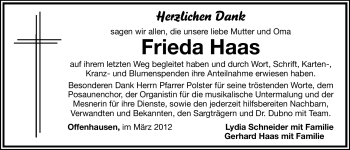 Traueranzeige von Frieda Haas von Hersbrucker Zeitung
