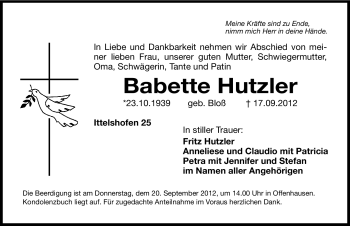 Traueranzeige von Babette Hutzler von Hersbrucker Zeitung
