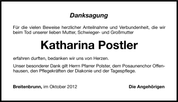 Traueranzeige von Katharina Postler von Hersbrucker Zeitung