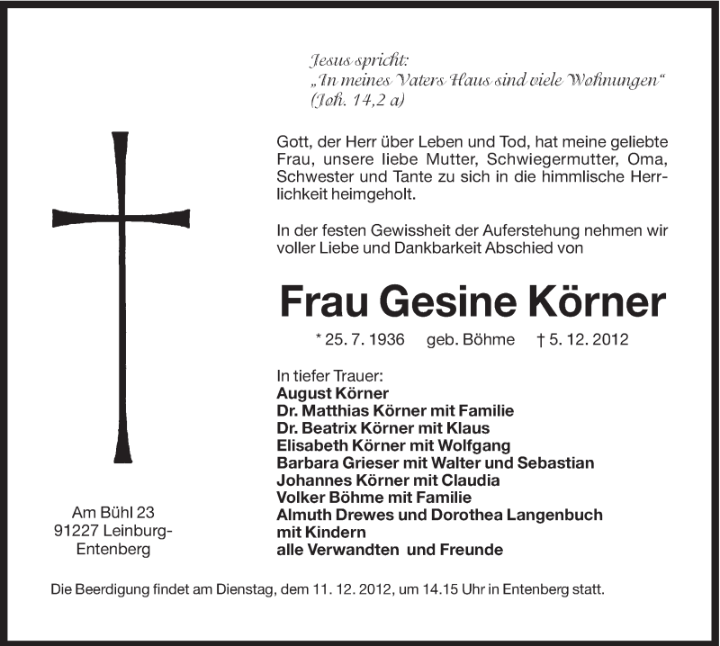  Traueranzeige für Gesine Körner vom 08.12.2012 aus Hersbrucker Zeitung