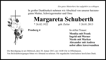 Traueranzeige von Margareta Schuberth von Hersbrucker Zeitung
