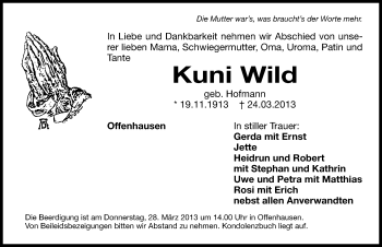 Traueranzeige von Kuni Wild von Hersbrucker Zeitung