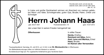 Traueranzeige von Johann Haas von Hersbrucker Zeitung