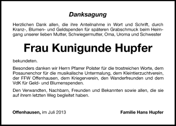 Traueranzeige von Kunigunde Hupfer von Hersbrucker Zeitung
