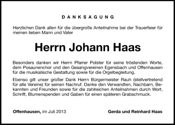Traueranzeige von Johann Haas von Hersbrucker Zeitung