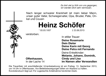 Traueranzeige von Heinz Schöfer von Hersbrucker Zeitung