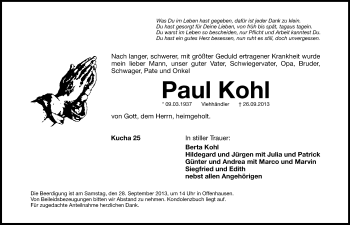 Traueranzeige von Paul Kohl von Hersbrucker Zeitung