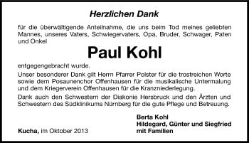 Traueranzeige von Paul Kohl von Hersbrucker Zeitung