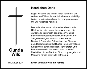 Traueranzeige von Gunda Wild von Hersbrucker Zeitung