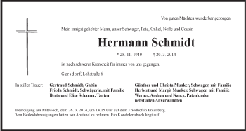 Traueranzeige von Hermann Schmidt von Hersbrucker Zeitung