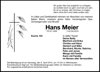 Traueranzeige von Hans Meier von Hersbrucker Zeitung