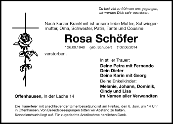 Traueranzeige von Rosa Schöfer von Hersbrucker Zeitung