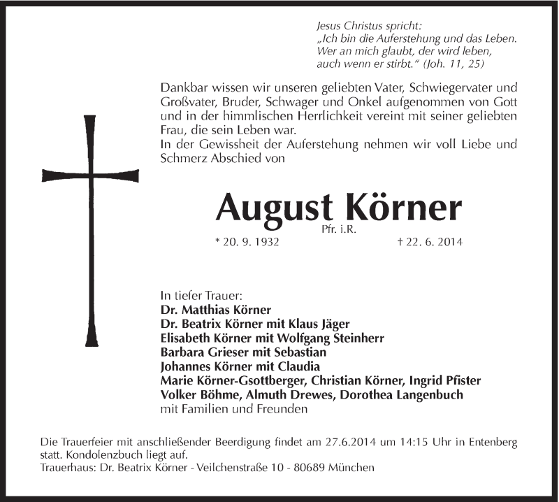  Traueranzeige für August Körner vom 25.06.2014 aus Hersbrucker Zeitung