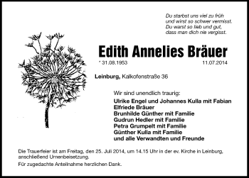 Traueranzeige von Edith Annelies Bräuer von Hersbrucker Zeitung