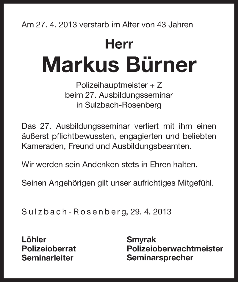  Traueranzeige für Markus Bürner vom 30.04.2013 aus Der Bote