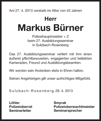 Traueranzeige von Markus Bürner von Der Bote