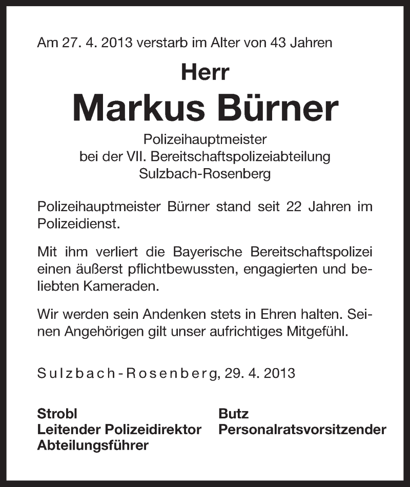  Traueranzeige für Markus Bürner vom 30.04.2013 aus Der Bote