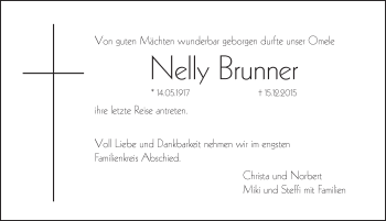 Traueranzeige von Nelly Brunner von Hersbrucker Zeitung