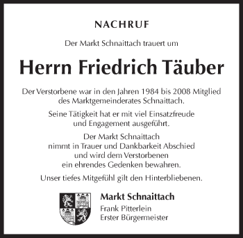 Traueranzeige von Friedrich Täuber von Pegnitz-Zeitung