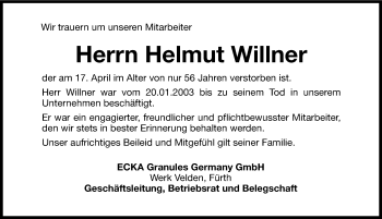 Traueranzeige von Helmut Willner von Hersbrucker Zeitung