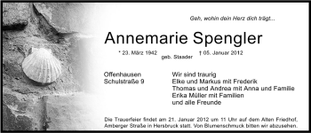 Traueranzeige von Annemarie Spengler von Hersbrucker Zeitung
