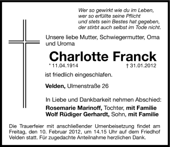 Traueranzeige von Charlotte Franck von Hersbrucker Zeitung