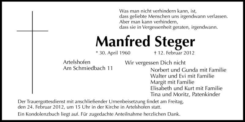  Traueranzeige für Manfred Steger vom 18.02.2012 aus Hersbrucker Zeitung