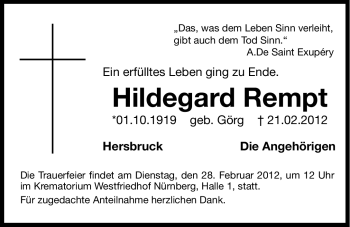 Traueranzeige von Hildegard Rempt von Hersbrucker Zeitung