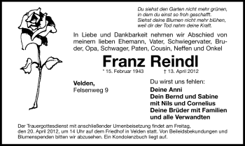 Traueranzeige von Franz Reindl von Hersbrucker Zeitung