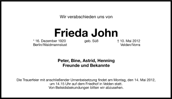 Traueranzeige von Frieda John von Hersbrucker Zeitung