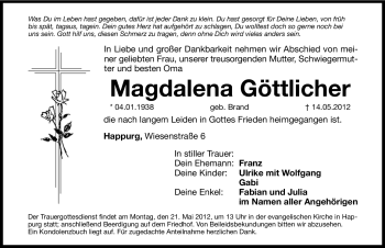 Traueranzeige von Magdalena Göttlicher von Hersbrucker Zeitung