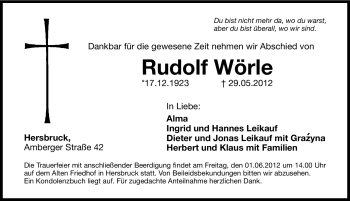 Traueranzeige von Rudolf Wörle von Hersbrucker Zeitung