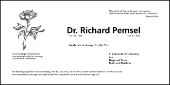 Traueranzeige von Richard Pemsel von Hersbrucker Zeitung