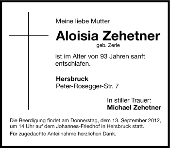 Traueranzeige von Aloisia Zehetner von Hersbrucker Zeitung