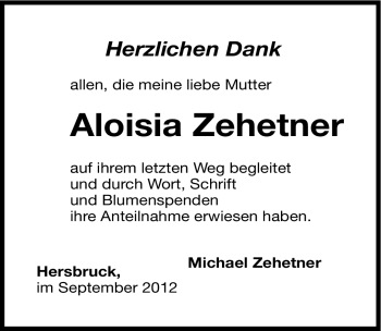 Traueranzeige von Aloisia Zehetner von Hersbrucker Zeitung