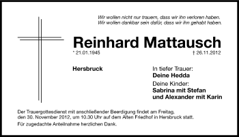 Traueranzeige von Reinhard Mattausch von Hersbrucker Zeitung
