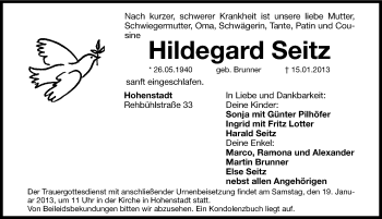 Traueranzeige von Hildegard Seitz von Hersbrucker Zeitung