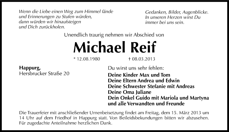  Traueranzeige für Michael Reif vom 13.03.2013 aus Hersbrucker Zeitung