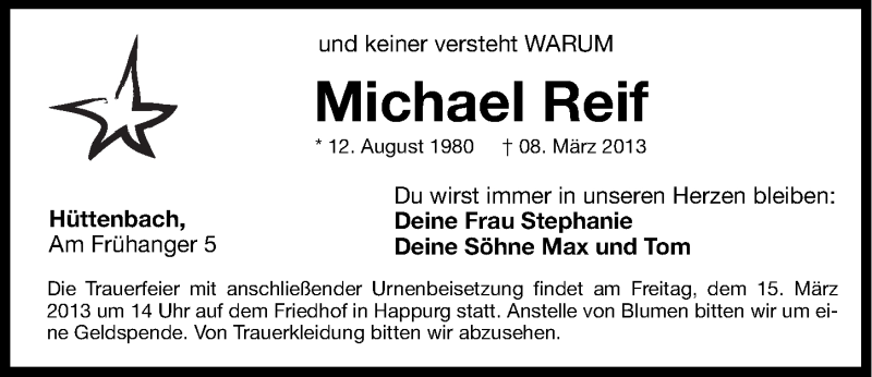  Traueranzeige für Michael Reif vom 13.03.2013 aus Hersbrucker Zeitung