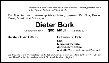 Traueranzeige von Dieter Bork von Hersbrucker Zeitung