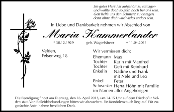 Traueranzeige von Maria Kammerlander von Hersbrucker Zeitung
