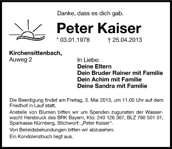 Traueranzeige von Peter Kaiser von Hersbrucker Zeitung