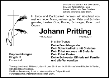 Traueranzeige von Johann Pritting von Hersbrucker Zeitung