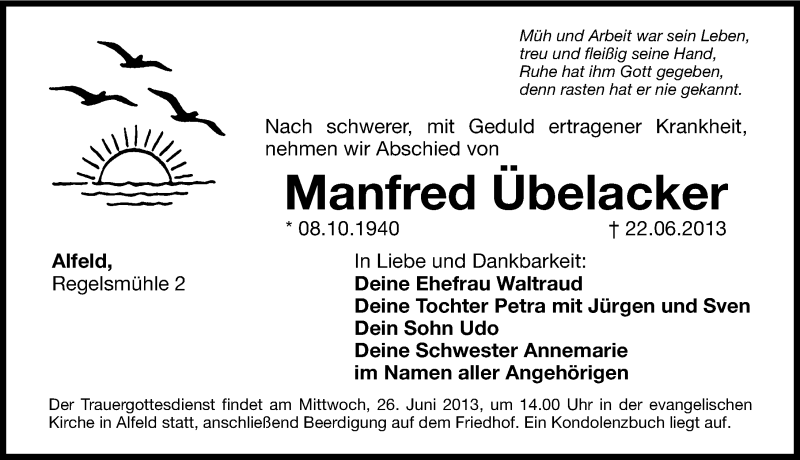  Traueranzeige für Manfred Übelacker vom 25.06.2013 aus Hersbrucker Zeitung