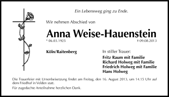 Traueranzeige von Anna Weise-Hauenstein von Hersbrucker Zeitung
