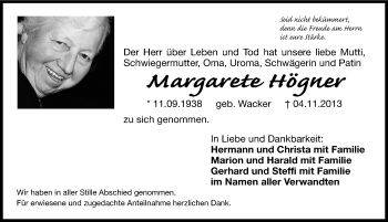 Traueranzeige von Margarete Högner von Hersbrucker Zeitung