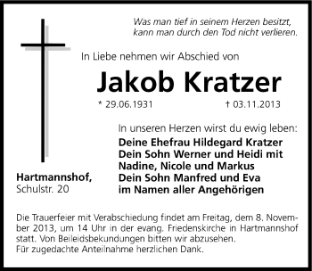 Traueranzeige von Jakob Kratzer von Hersbrucker Zeitung